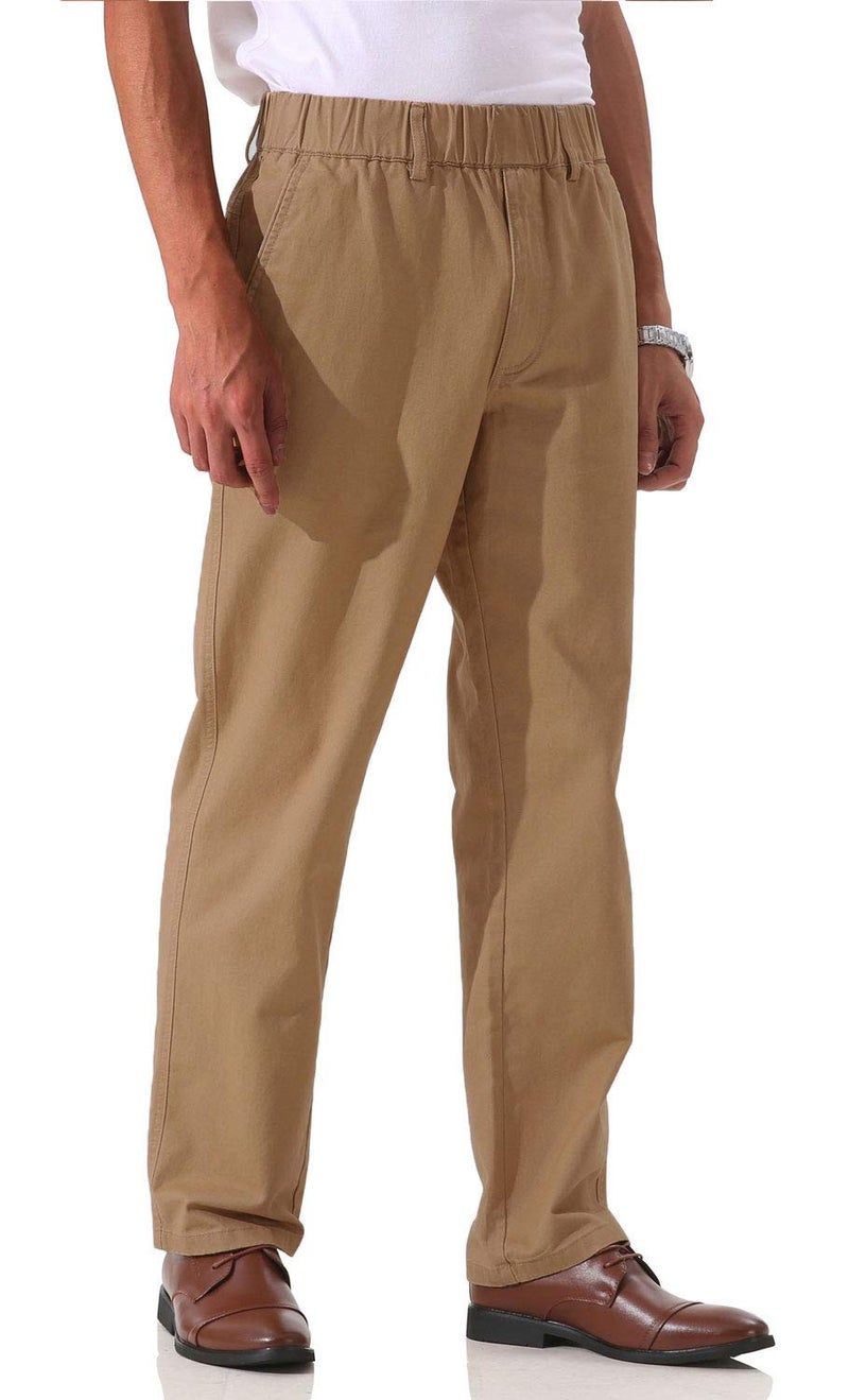 Soojun Men's Cotton Relaxed Fit Full Elastic Waist Twill Pants, Dark Khaki, 40W x 30L - Image 2